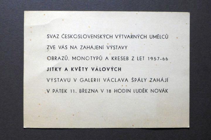 Pozvánka na vernisáž výstavy Jitky a Květy Válových v Galerii Václava Špály v Praze v roce 1966 (1966)