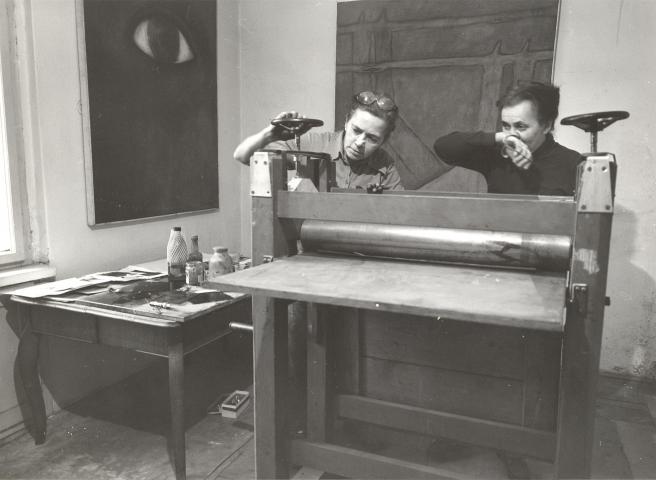 Jitka and Květa making prints in their studio. Date unknown. Válová Sisters Archive