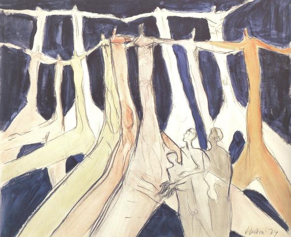 Jitka Válová, Květnové dny (Pád), 1974, uhel, akvarel, tužka, repro archiv sester Válových